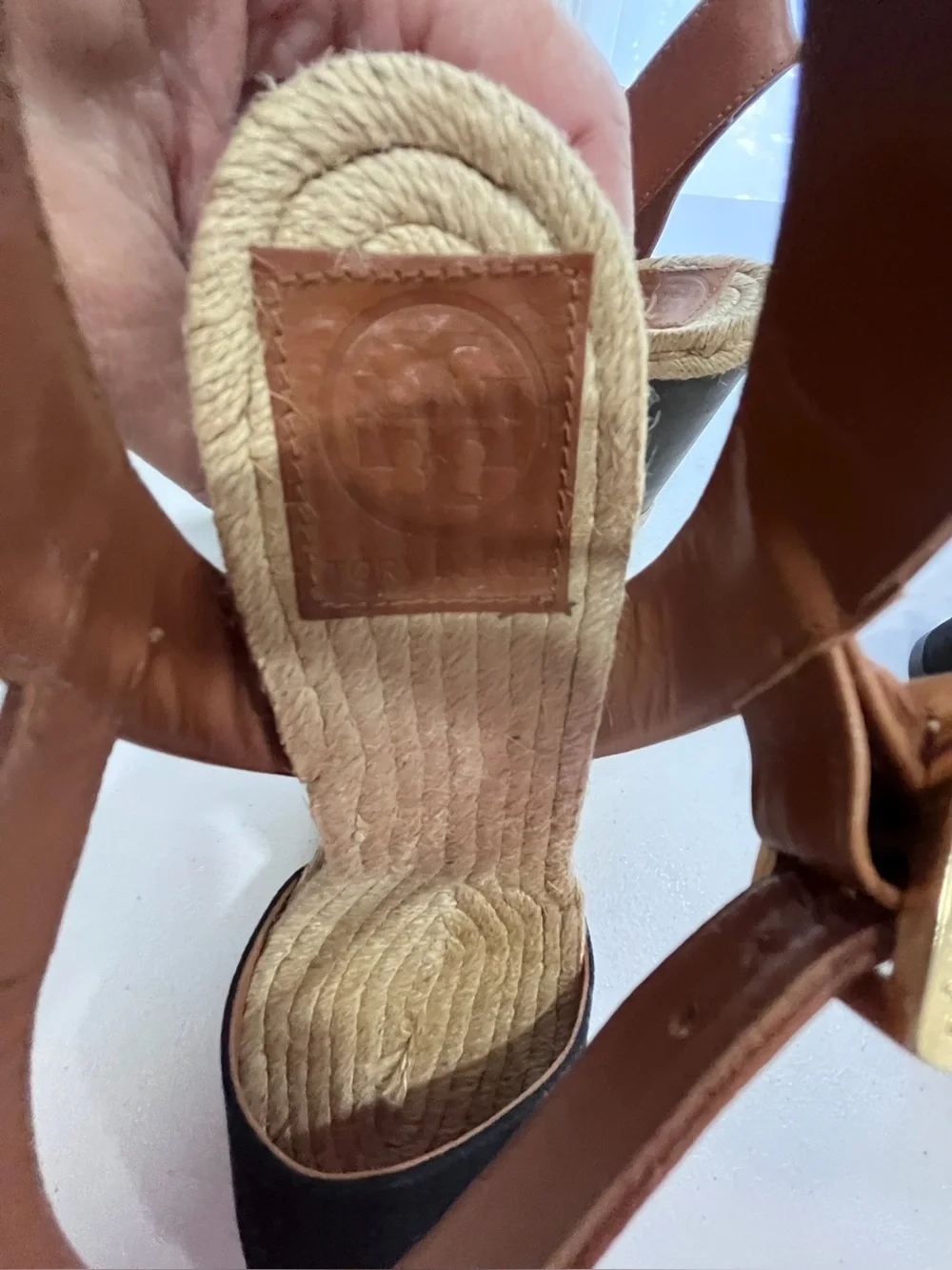 Tory Burch Bima Black Canvas dark brown Wedge Sandals Size 8